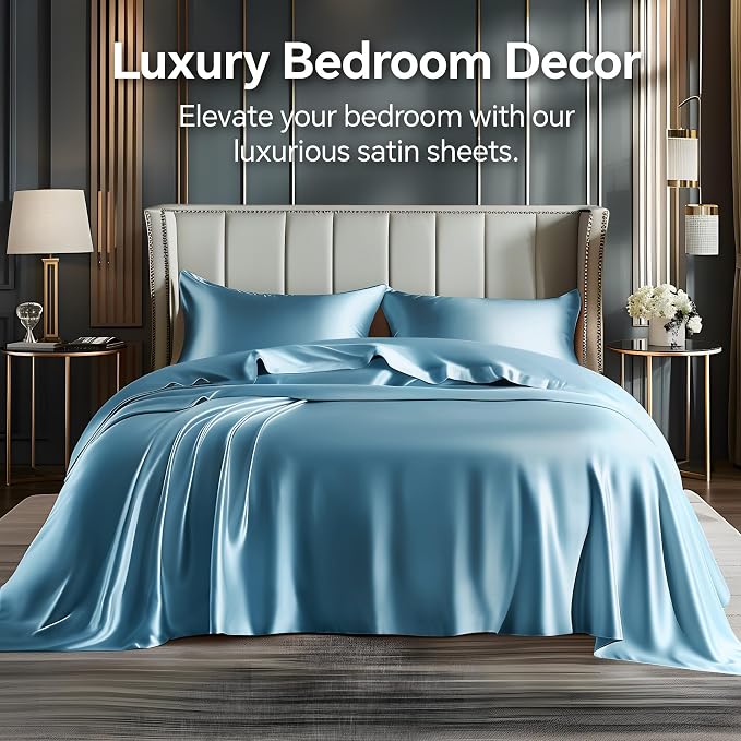 BEDELITE Satin Sheets Twin XL Size Bed Set, Luxury Soft Airy Blue Sheets - Image 2