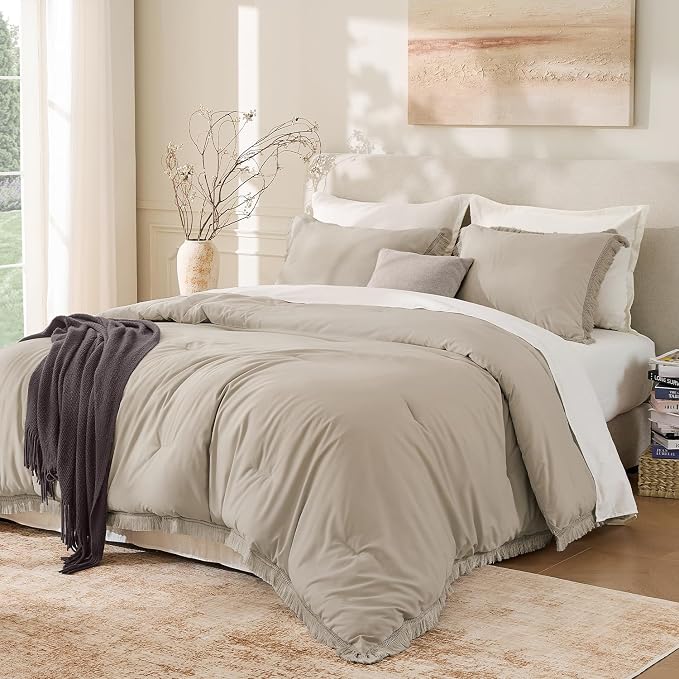 Andency Oatmeal Comforter Set California King, 3 Pieces Boho Tassel Lightweight by Andency