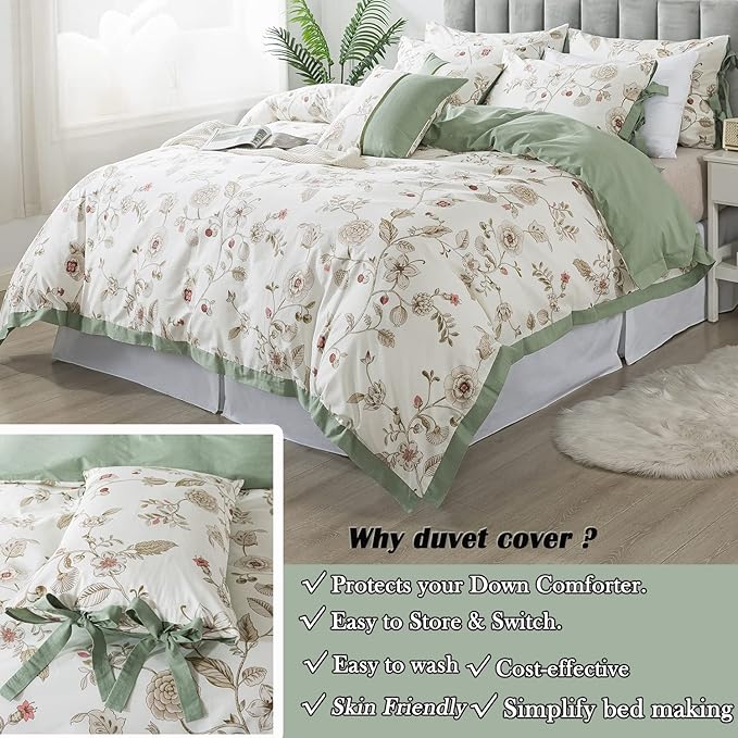 FADFAY Floral Bedding Set King/Cal King 100% Cotton Shabby and Chic Beige Green - Image 2