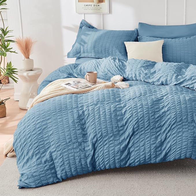 HYMOKEGE Mineral Blue California King Comforter Set Seersucker 7 Pieces - Image 2