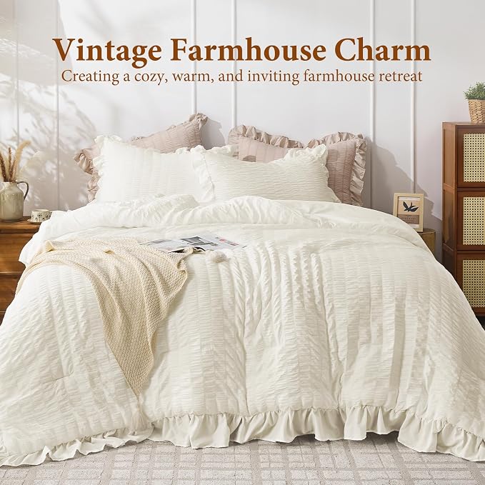 JOLLYVOGUE Ivory Queen Comforter Set, 3 Pieces Seersucker Comforters Queen Size - Image 2