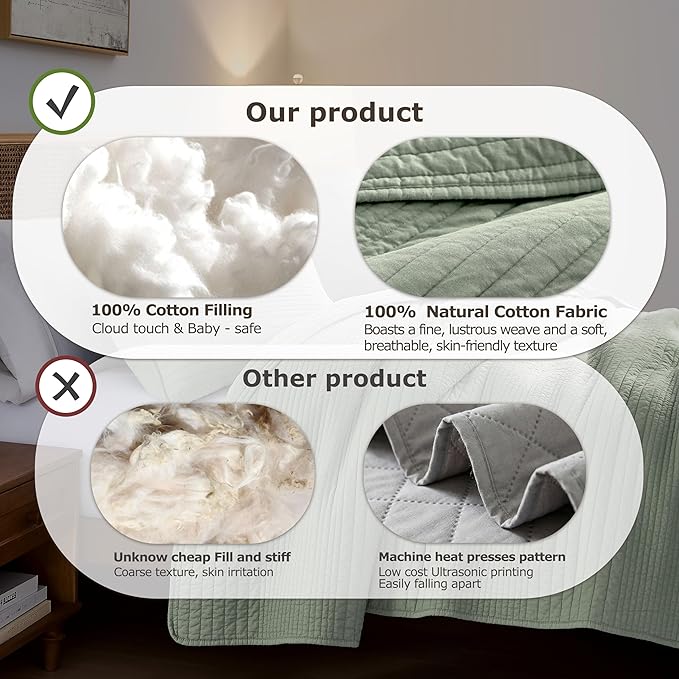 palassio Striped Sage Green 100% Cotton Quilt Queen Size Bedding Sets, - Image 7