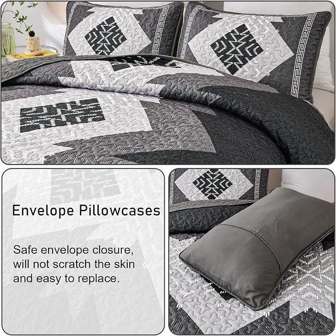 Dintszyayue Boho Quilt Set King Size 3 Pieces Black Grey Aztec Texture - Image 5