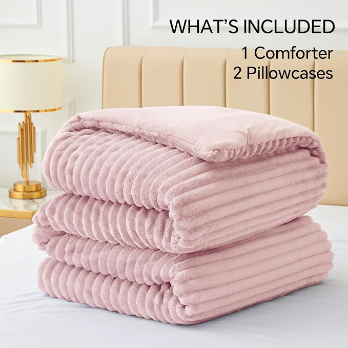 BEDELITE Fleece Full Comforter Set -Super Soft & Warm Fluffy Pink Bedding - Image 7