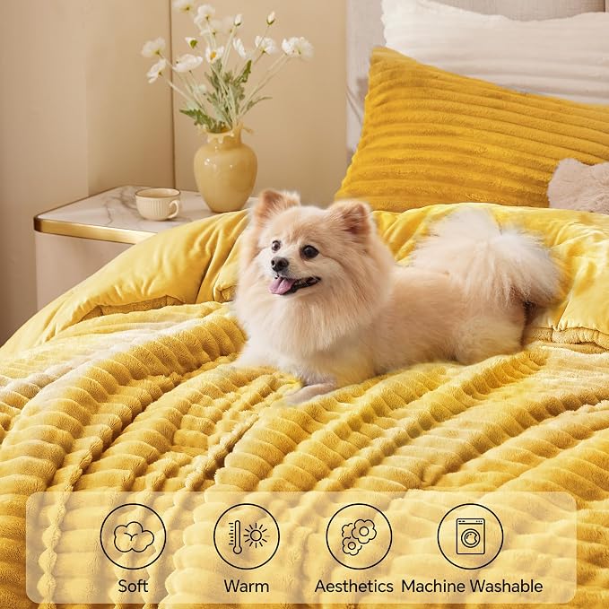 BEDELITE Fleece Queen Comforter Set -Super Soft & Warm Fluffy Mustard Yellow - Image 3