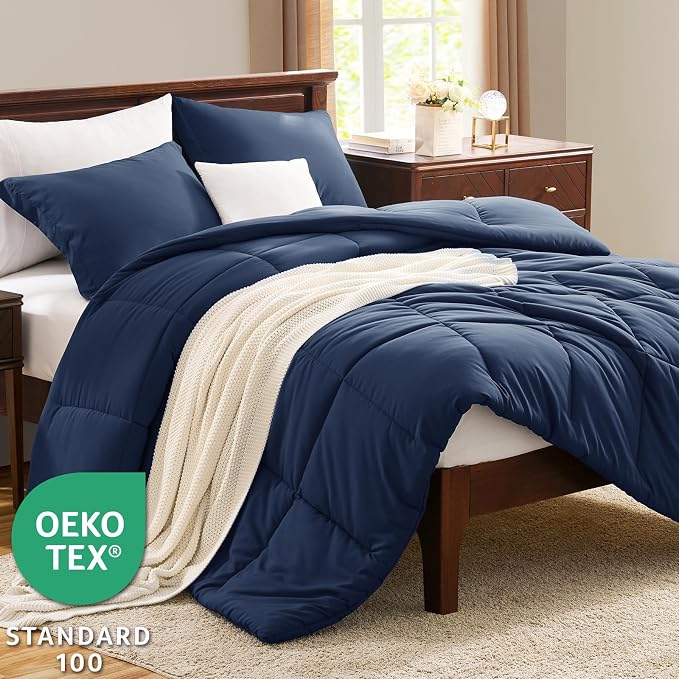 CozyLux Oversized King Comforter Set, 3 Pieces Navy Blue 120x98 Box Stitched - Image 3