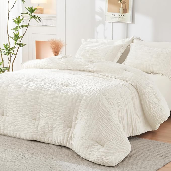 HYMOKEGE Ivory Full Size Comforter Sets Seersucker 7 Pieces, All Season Luxury - Image 8
