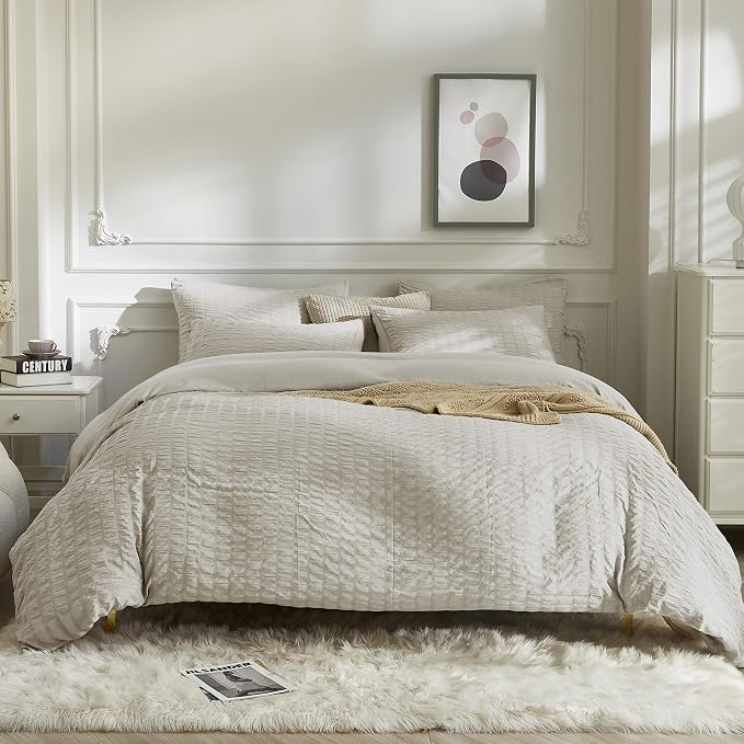 JELLYMONI Beige Duvet Cover King Size, Soft Breathable Seersucker Duvet Cover - Image 3