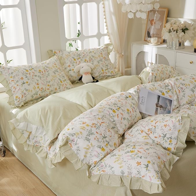 mixinni 100% Cotton Duvet Cover Set Twin XL, Reversible Spring Floral Ruffle - Image 9