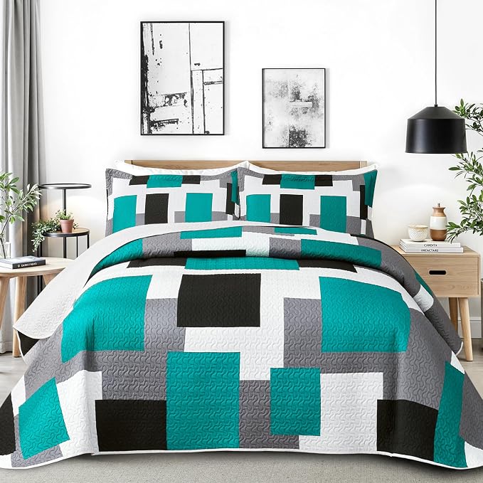 Tyrot 3 Piece Teal/Turquoise Quilt Set Full/Queen Size Black Grey Geometric by TyrotHomeDecor