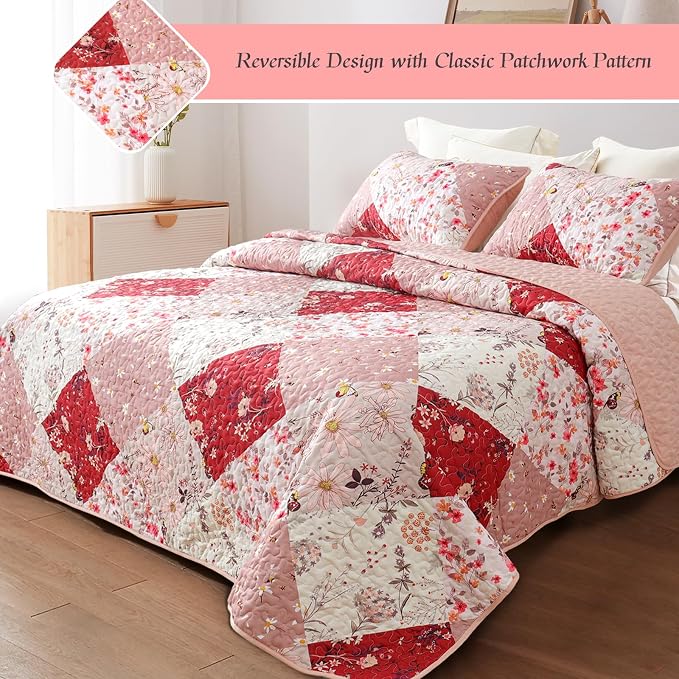 Whale Flotilla Patchwork Quilt King Size, Extra Soft Boho Floral Bedspreads - Image 2