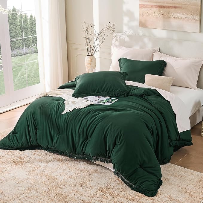 Andency Dark Emerald Green Comforter Set Queen, 3 Pieces Boho Lightweight Soft - Image 6