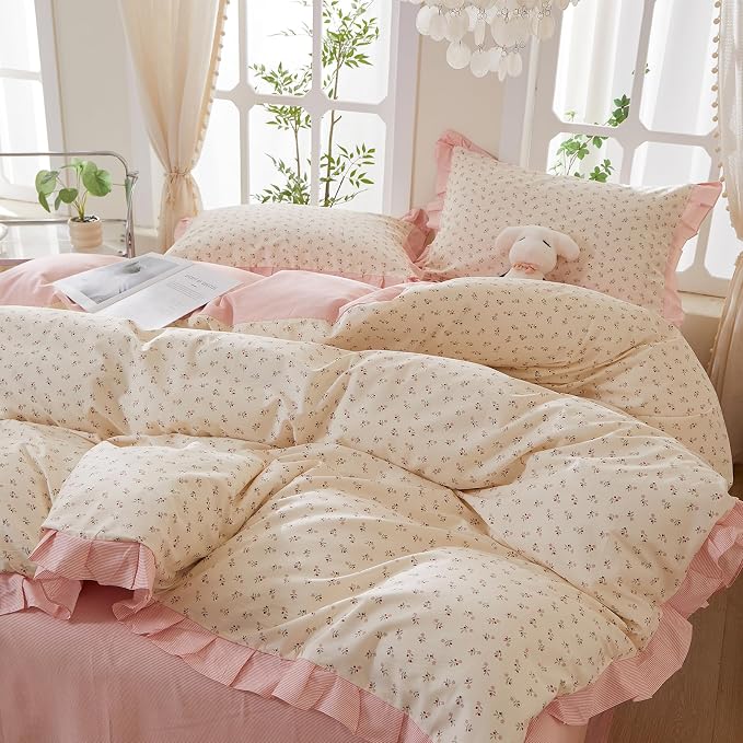 mixinni Pink Floral Duvet Cover Set Twin XL Size – 100% Cotton Ruffle Lace - Image 2