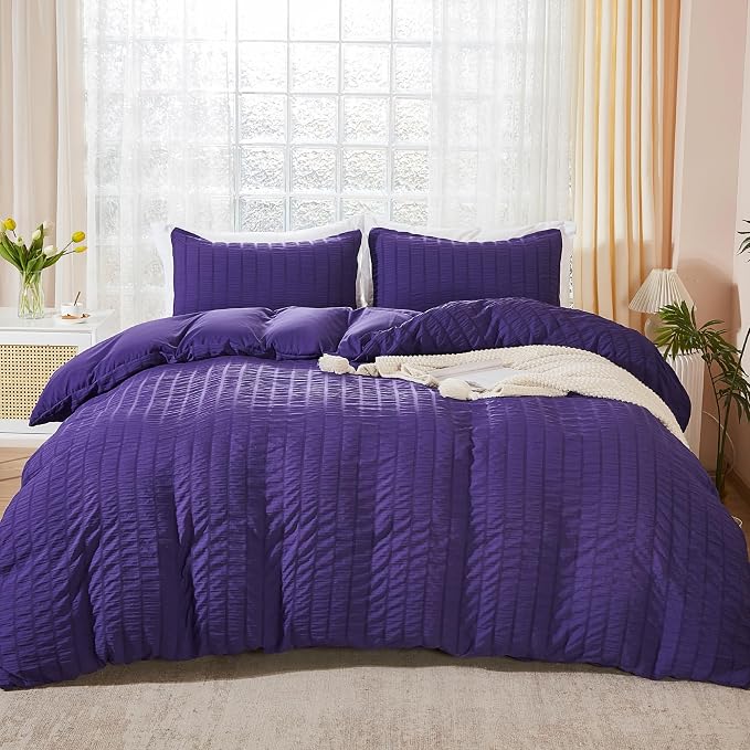 AveLom Seersucker Duvet Cover Set Queen Size, 3 Pieces, Dark Purple Ultra Soft by AveLom