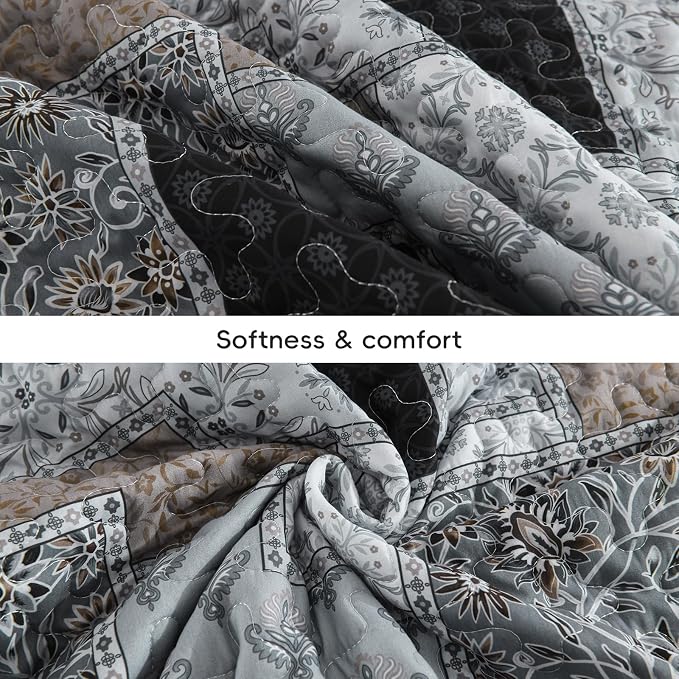 Xruibed Grey Quilt Set Queen Size 3 Pieces Plaid Floral Boho Bedspread Coverlet - Image 8