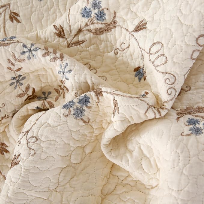 Quilt Set Blue Floral 3D Embroidery Pattern 2 PCS 100% Cotton Reversible - Image 6