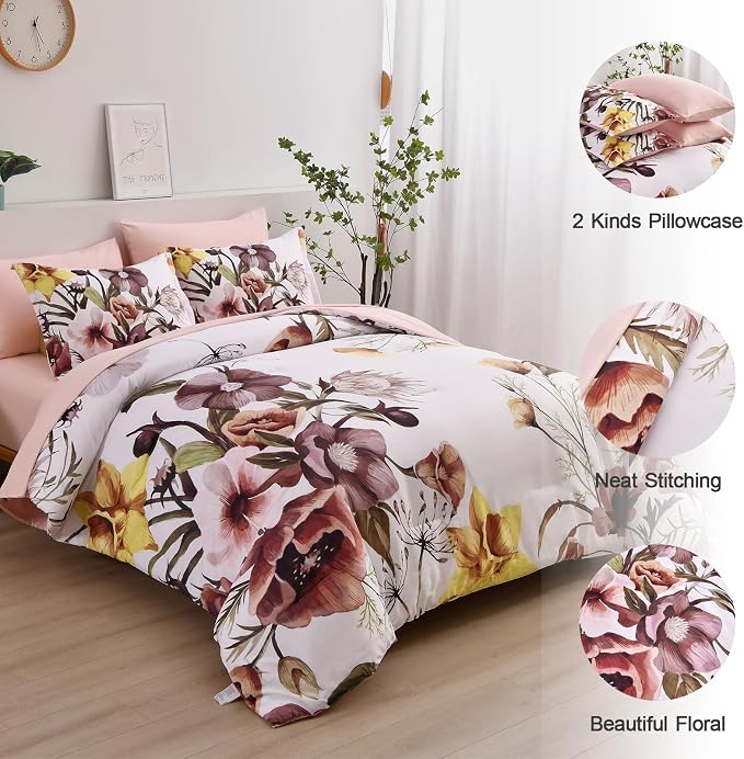 Luxudecor Floral Comforter Set Full Size 7 Piece, Blush Flower Bed in a Bag - Image 5