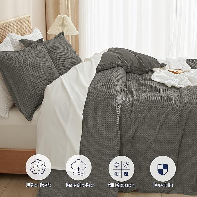 PHF Waffle Weave Duvet Cover Set King Size, No Snagging Ultra Soft Luxury - Image 4
