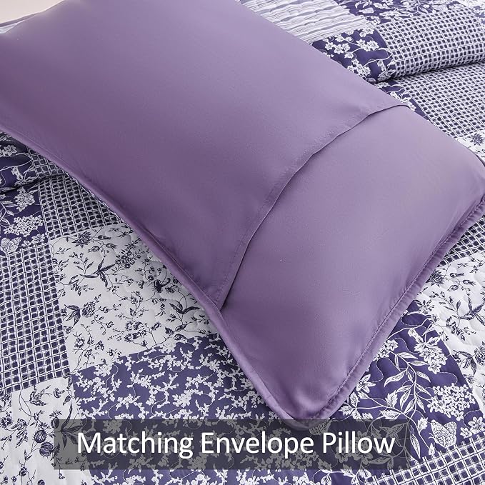 Mybedsoul Purple Quilt Set Queen Size, 3 Pieces Boho Floral Plaid Bedspread - Image 5