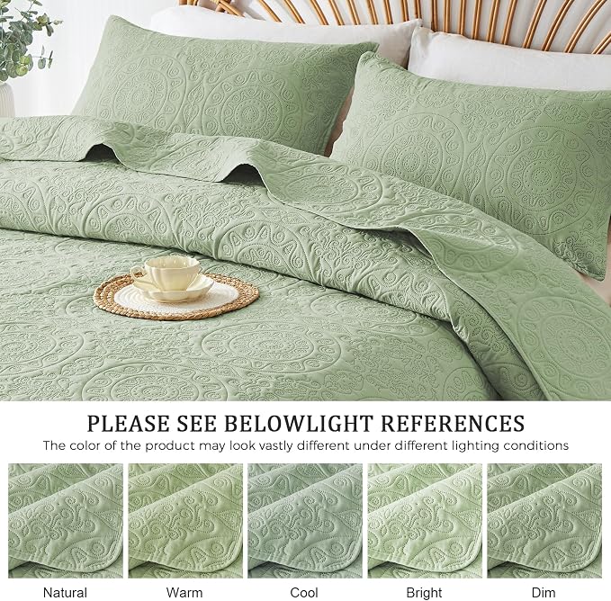 WURUIBO Sage Green Quilt Set King/Cal King Size, Embossing Microfiber Bedspreads - Image 5