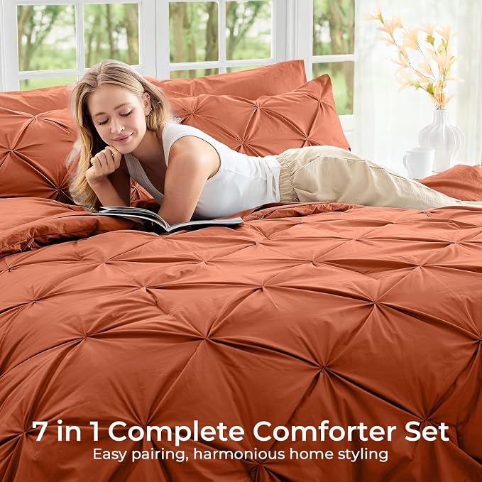 Sasttie Queen Comforter Set, 7-Piece Bed in a Bag, Pintuck Bedding Sets - Image 6