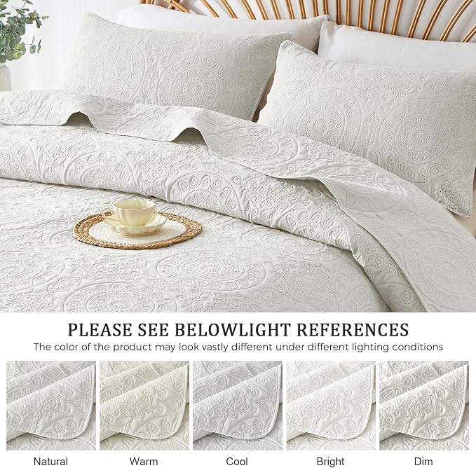 WURUIBO Cream Quilt Set Queen Size, Embossing Microfiber Full Bedspreads - Image 4