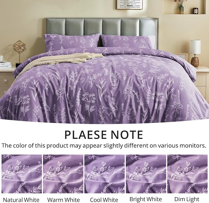MUXHOMO Duvet Cover Full Size, Reversible Floral Grayish Purple Duvet Cover Set - Image 7