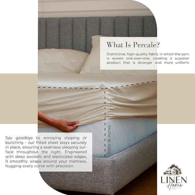 Linen Home 100% Cotton Percale Sheets King Size, Light Taupe, Deep Pocket - Image 4