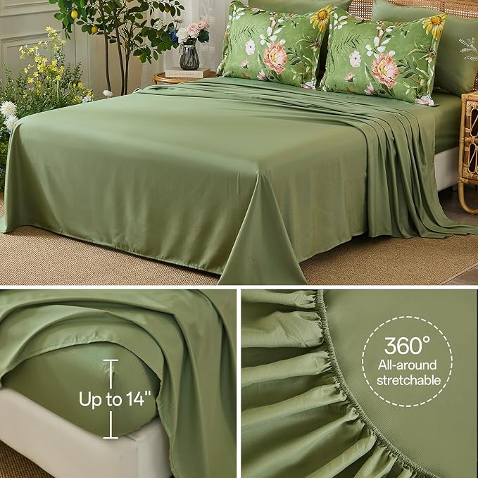 Yiran Sage Green Hibiscus Floral Comforter Set King Size, 7 Piece Bird Flowers - Image 7