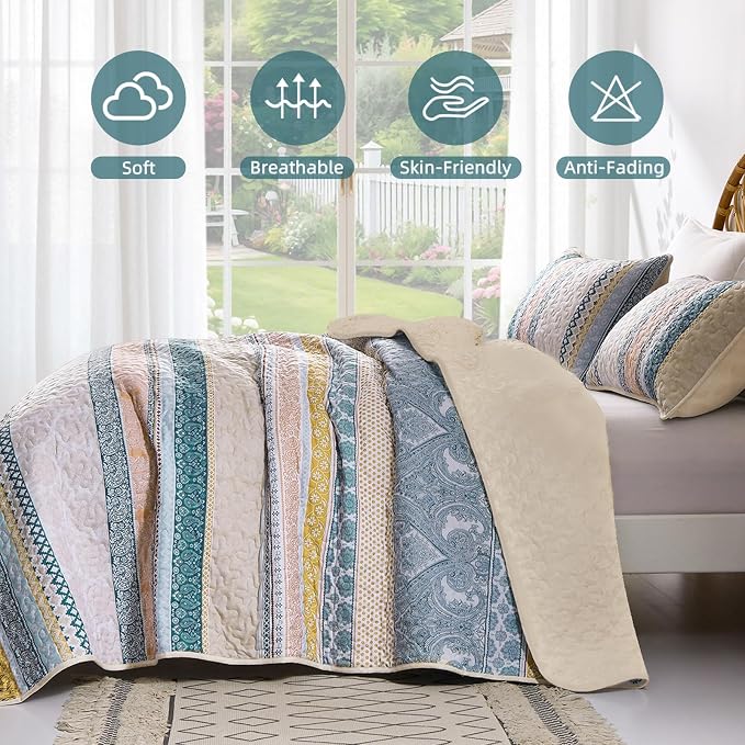 WONGS BEDDING Boho Quilt Set King Size, Lightweight Bedspread Coverlet Bedding - Image 4