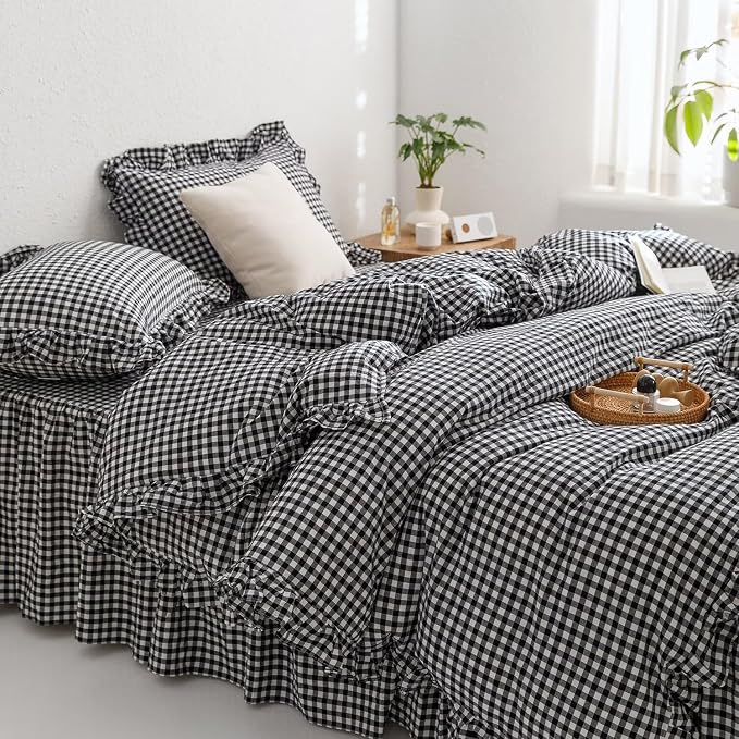 mixinni Black White Gingham Ruffle Duvet Cover Full Size 3 Pieces – 100% Washed by mixinni
