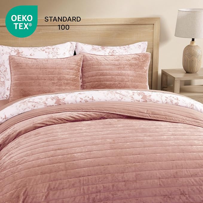 WRENSONGE Velvet Queen Quilt Set-3 Pieces Clay Pink Luxurious Velvet Striped - Image 4