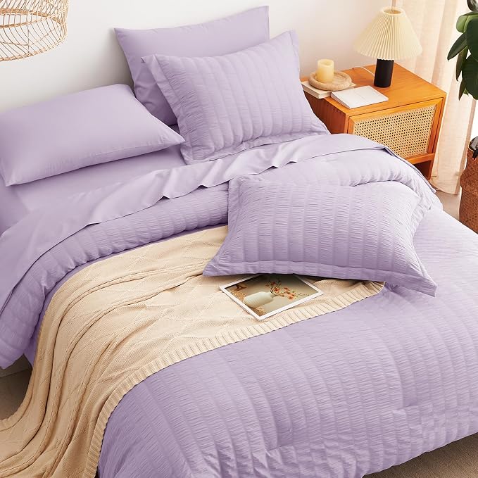 CozyLux Queen Comforter Set Light Purple Seersucker 7 Pieces Bed in a Bag Queen - Image 4