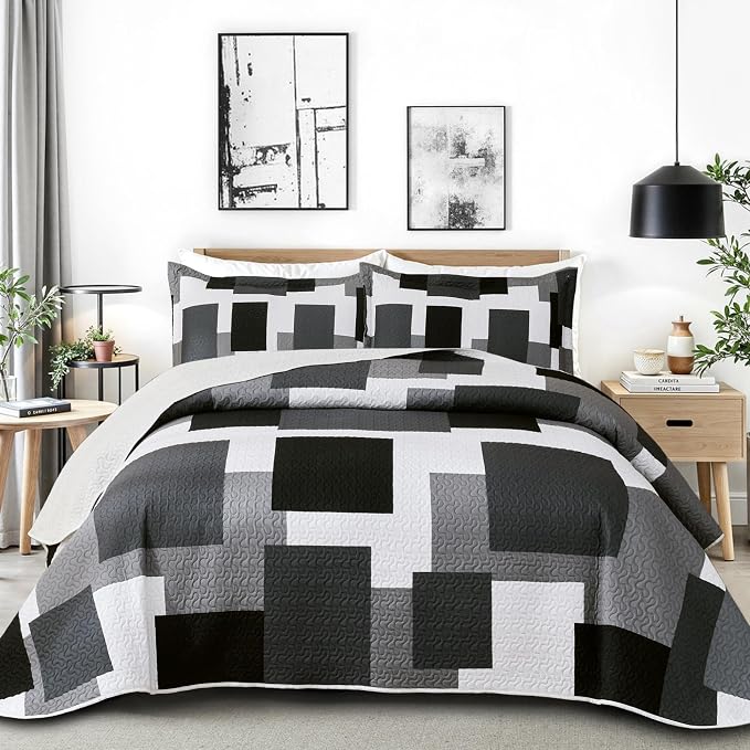 Tyrot 2 Piece Black Grey Quilt Set Twin Size Black White Gray Geometric by TyrotHomeDecor