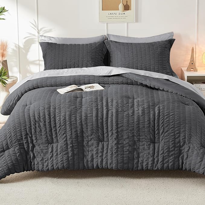 HYMOKEGE Dark Grey/Light Grey California King Comforter Set Seersucker 7 Pieces - Image 7