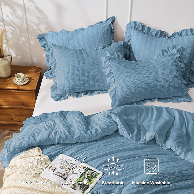 JOLLYVOGUE King Size Comforter Set, 3 Pieces Sea Blue Seersucker Comforters - Image 2