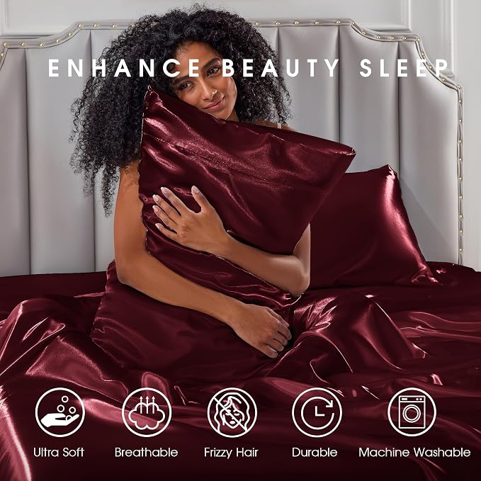 FreshCulture Satin Sheets Queen Size Bed Set- 4 Piece Luxury Soft Silky Queen - Image 7