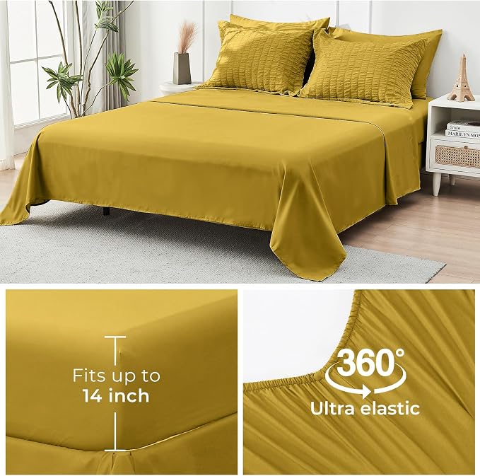 HYMOKEGE Mustard Yellow Twin Comforter Set Seersucker 5 Pieces, All Season - Image 7