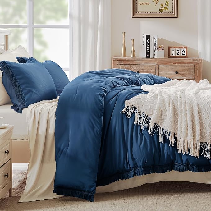 Andency Navy Blue Comforter Set Twin Size, 2 Pieces Boho Tassel Lightweight - Image 2