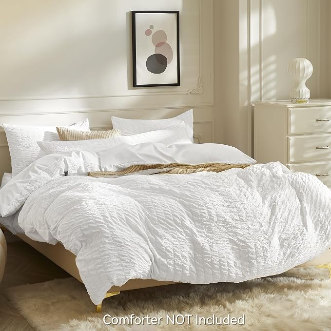 JELLYMONI Bright White Duvet Cover Queen Size, Soft Breathable Seersucker Duvet - Image 3