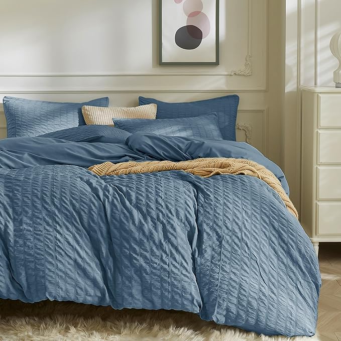 JELLYMONI Sierra Blue Duvet Cover Queen Size, Soft Breathable Seersucker Duvet by JELLYMONI