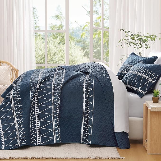 Andency Navy Oversized King Quilt Set, 3 Pieces Boho Lightweight Soft Striped - Image 7