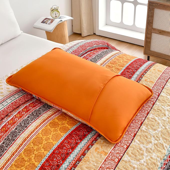 WONGS BEDDING Boho Stripe Quilt Set Queen Size, 3 Pieces Orange Bohemian Quilt - Image 9