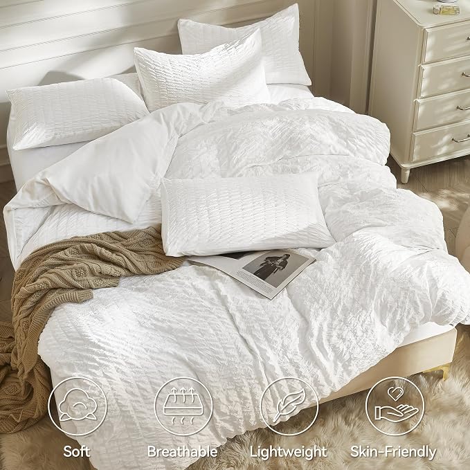 JELLYMONI Bright White Duvet Cover Twin Size, Soft Breathable Seersucker Duvet - Image 2