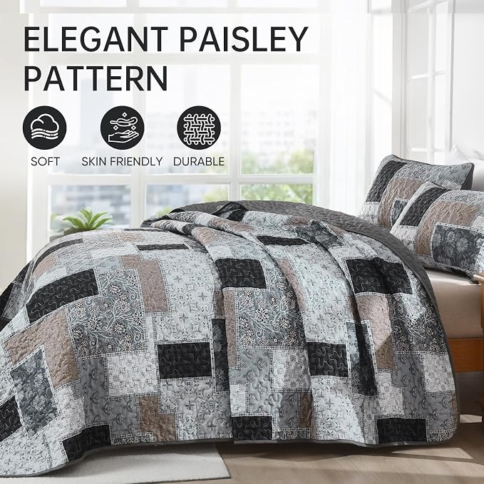 Xruibed Grey Quilt Set Queen Size 3 Pieces Plaid Floral Boho Bedspread Coverlet - Image 3