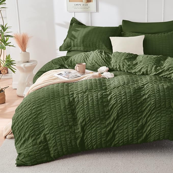 HYMOKEGE Olive Green Twin XL Comforter Set Seersucker 5 Pieces, All Season - Image 2