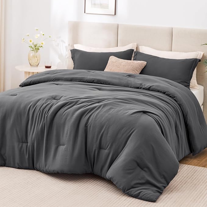 Love's cabin Dark Grey Full Comforter Set, 3-Piece Prewashed Bed Set by Lovescabin