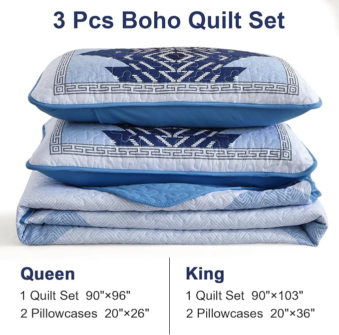 Dintszyayue Blue Quilt Set Queen Size, 3 Pieces Aztec Texture Bedding Coverlet - Image 7