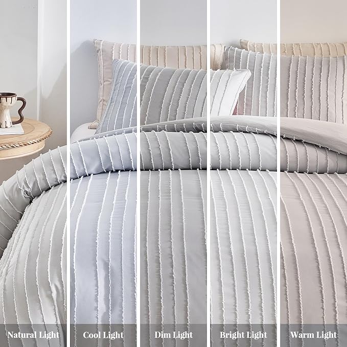 WARMDERN Light Grey Tufted Duvet Cover Set Queen Size, Striped Textured Duvet - Image 7