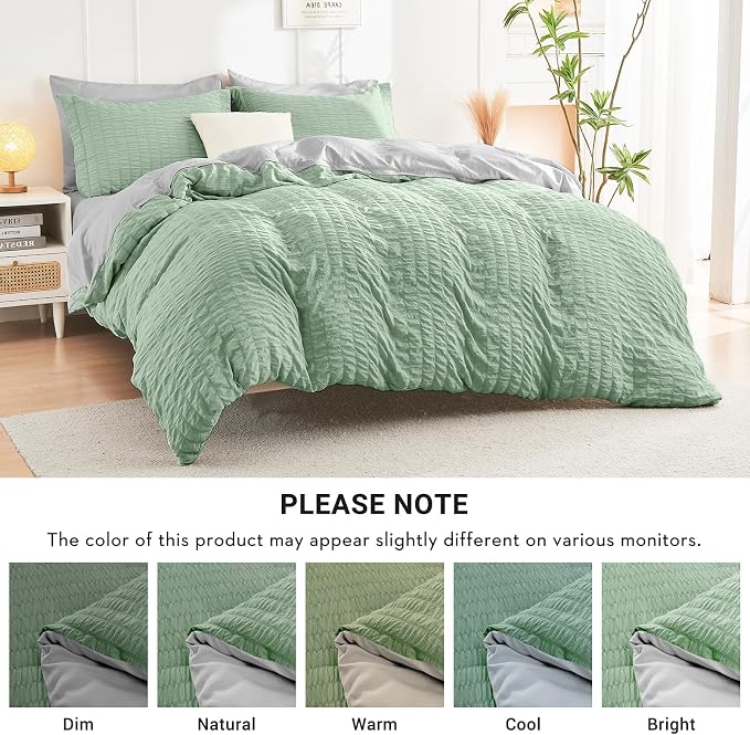 HYMOKEGE Sage Green/Light Grey Twin Comforter Set Seersucker 5 Pieces, All - Image 5